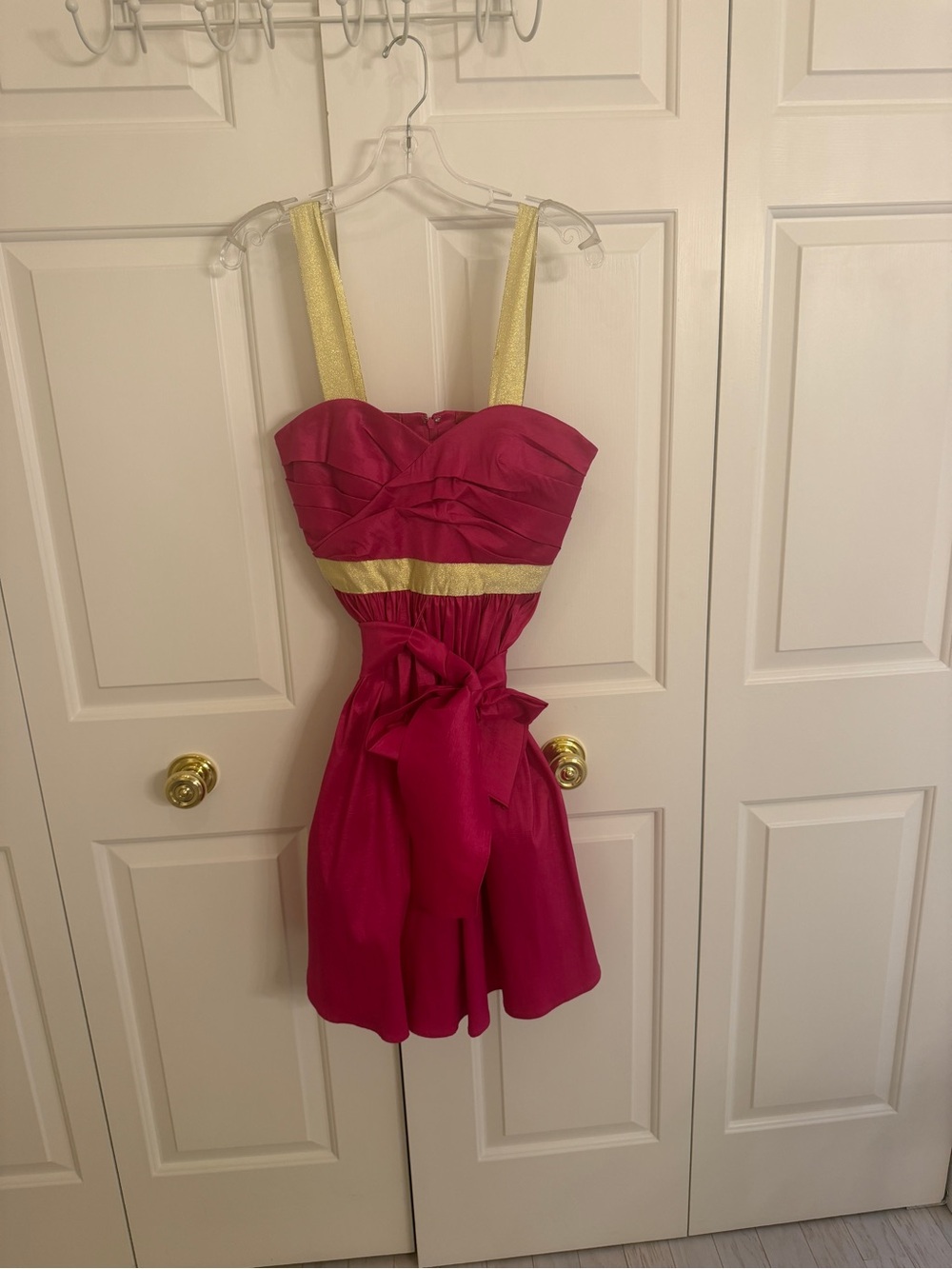 DOLCE & GABBANNA  Strapless Hot Pink Party Dress with Gold Accents